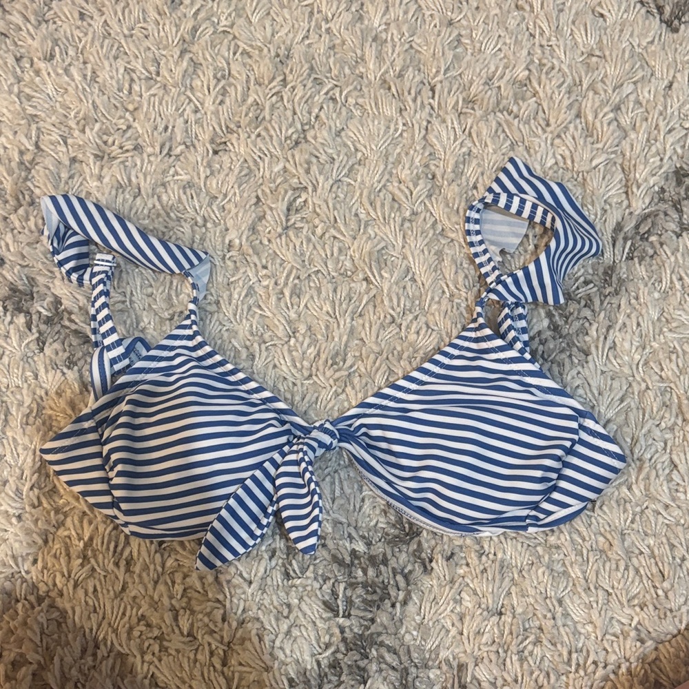 Kona Sol Blue & White Striped Swim Top with Front Tie